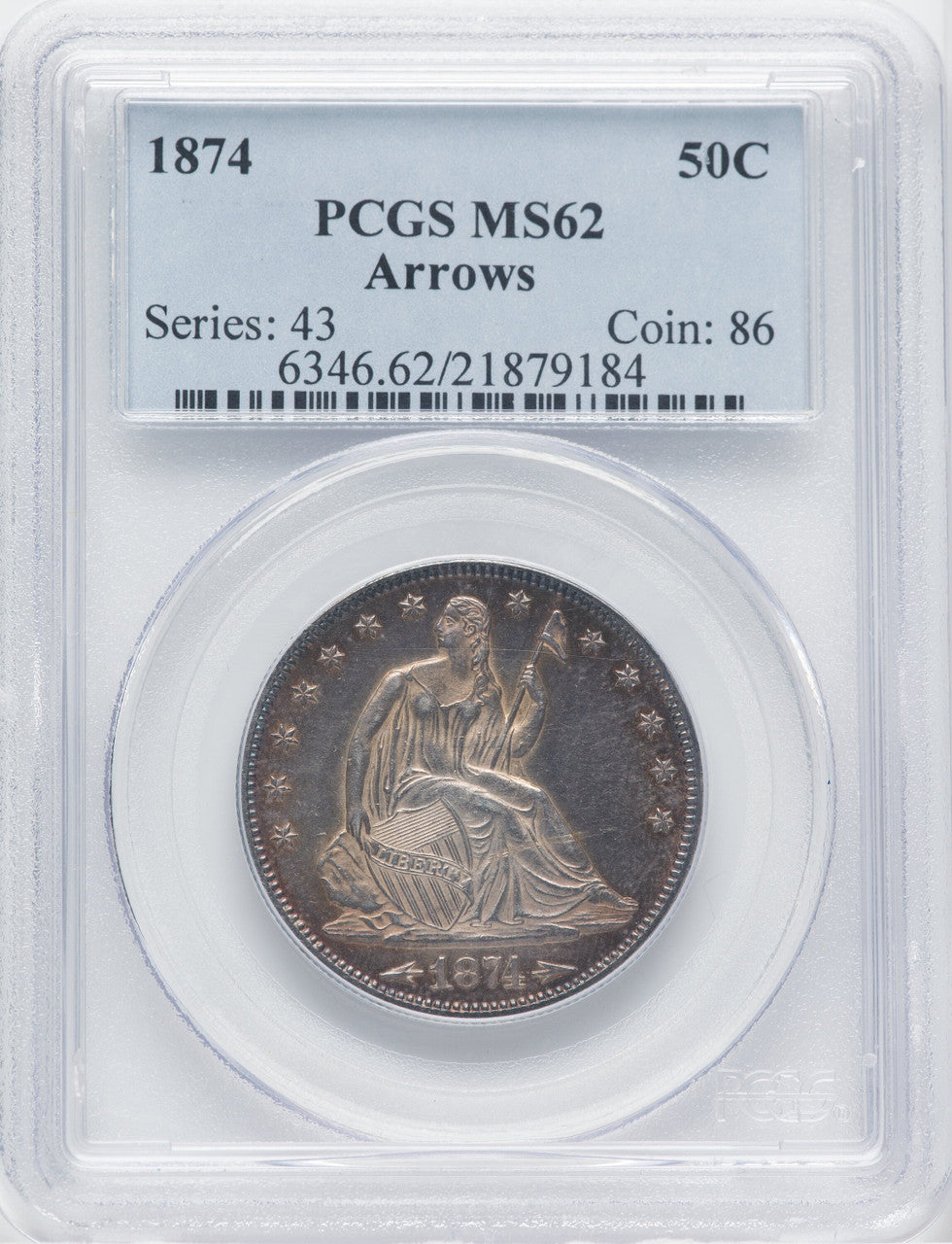 1874 50C Seated Half Dollar PCGS MS62