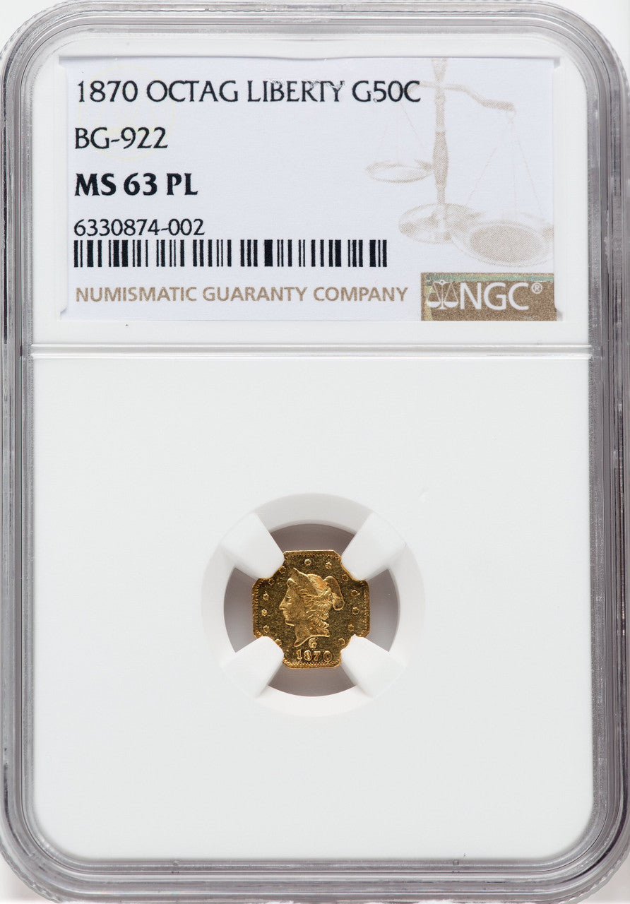1870 50C BG-922 PL California Fractional Gold NGC MS63