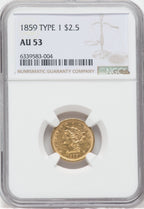 1859 $2.50 Old Rev. Liberty Quarter Eagle NGC AU53