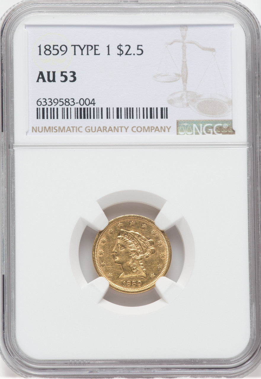 1859 $2.50 Old Rev. Liberty Quarter Eagle NGC AU53