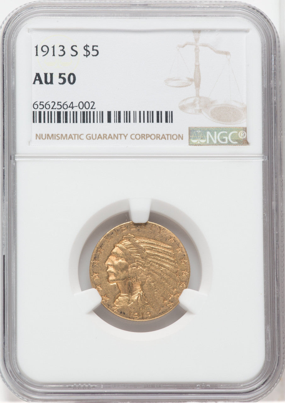 1913-S $5 Indian Half Eagle NGC AU50