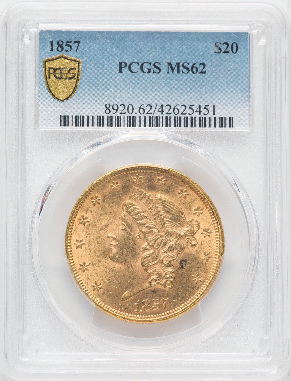 1857 $20 Liberty Double Eagle PCGS MS62