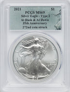 2021 American Silver Eagle Type 2 At Dusk & Dawn 35th Anniversary 272nd PCGS MS69