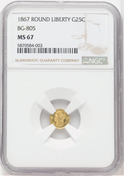 1867 Liberty Round 25 Cents BG-805 Low R.5 California Fractional Gold NGC MS67