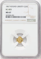 1867 Liberty Round 25 Cents BG-805 Low R.5 California Fractional Gold NGC MS67