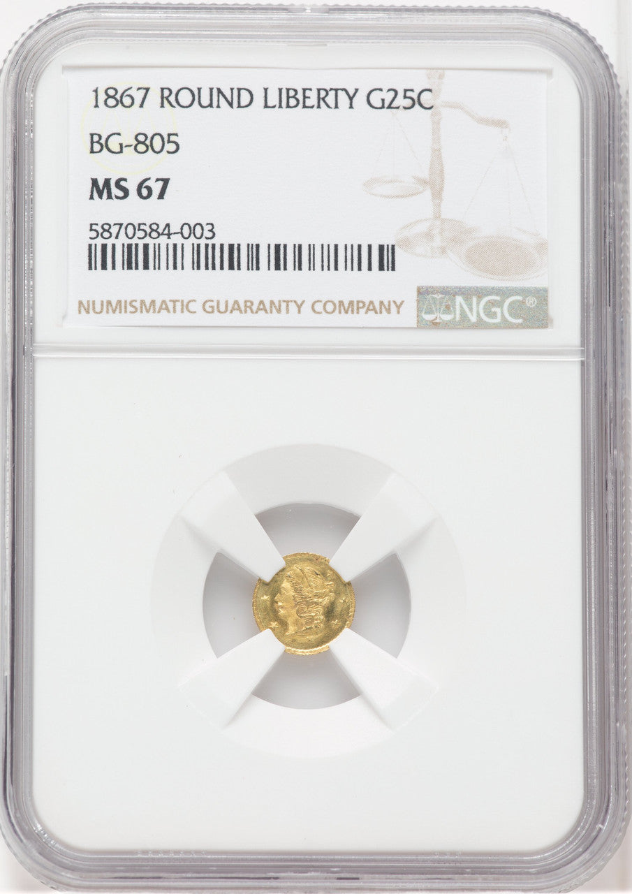 1867 Liberty Round 25 Cents BG-805 Low R.5 California Fractional Gold NGC MS67