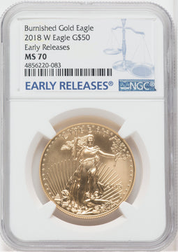 2018-W G$50 One Ounce Burnished Gold Eagle First Strike NGC MS70