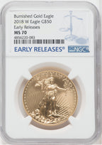 2018-W G$50 One Ounce Burnished Gold Eagle First Strike NGC MS70