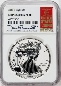 2019-S S$1 Silver Eagle Enhanced Reverse Proof Kenneth Bressett NGC PF70