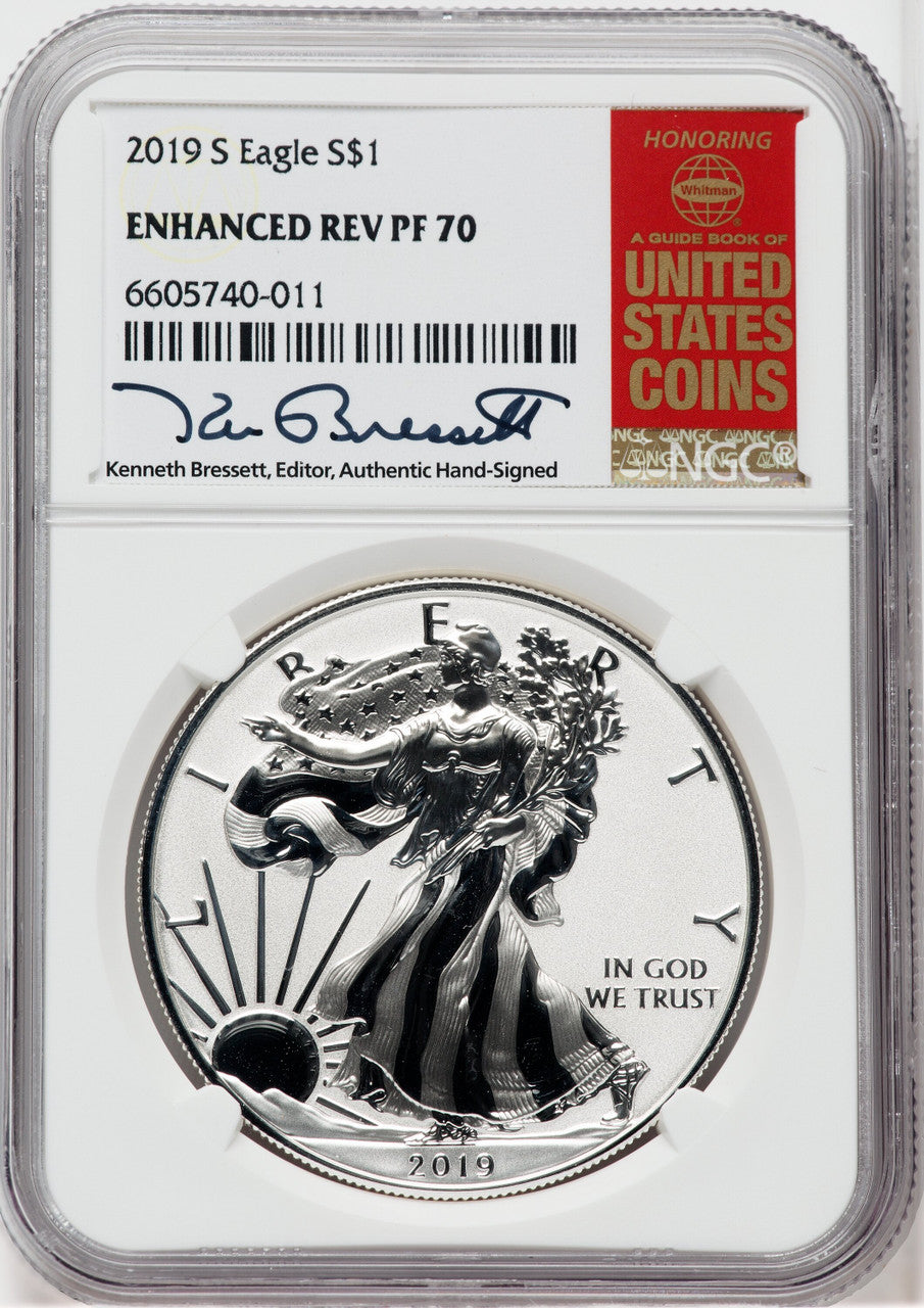 2019-S S$1 Silver Eagle Enhanced Reverse Proof Kenneth Bressett NGC PF70