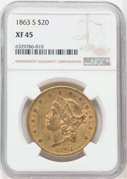 1863-S $20 Liberty Double Eagle NGC XF45