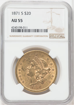 1871-S $20 Liberty Double Eagle NGC AU55