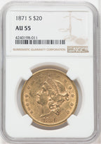 1871-S $20 Liberty Double Eagle NGC AU55