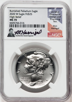 2020-W Palladium Eagle 1 oz Burnished Ron Harrigal NGC MS70