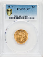1874 $3 Three Dollar Gold Pieces PCGS MS63