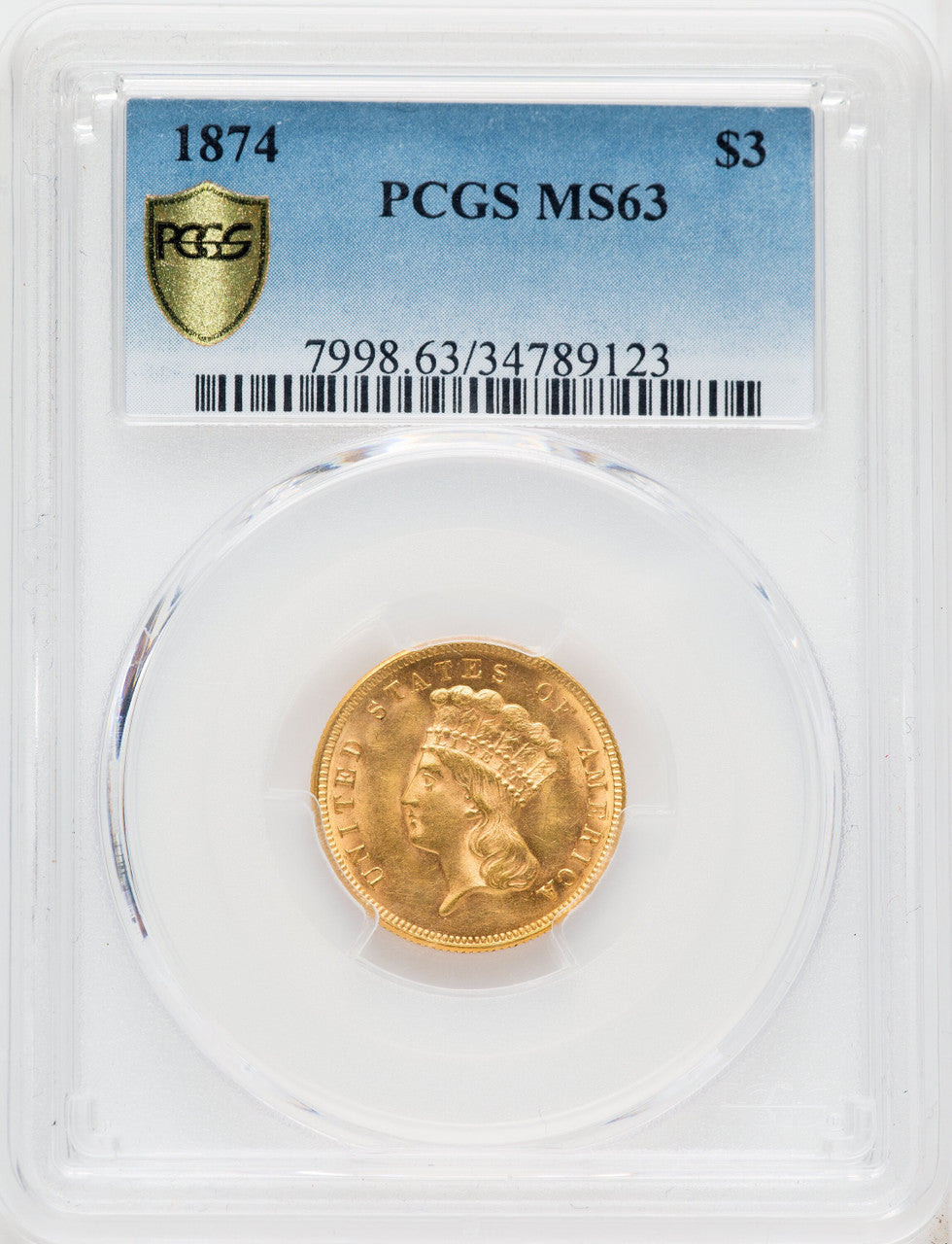 1874 $3 Three Dollar Gold Pieces PCGS MS63