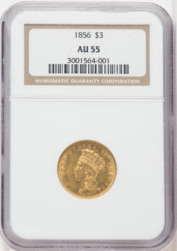 1856 $3 Three Dollar Gold Pieces NGC AU55