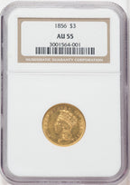 1856 $3 Three Dollar Gold Pieces NGC AU55