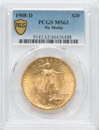 1908-D $20 NO MOTTO Saint-Gaudens Double Eagle PCGS MS63