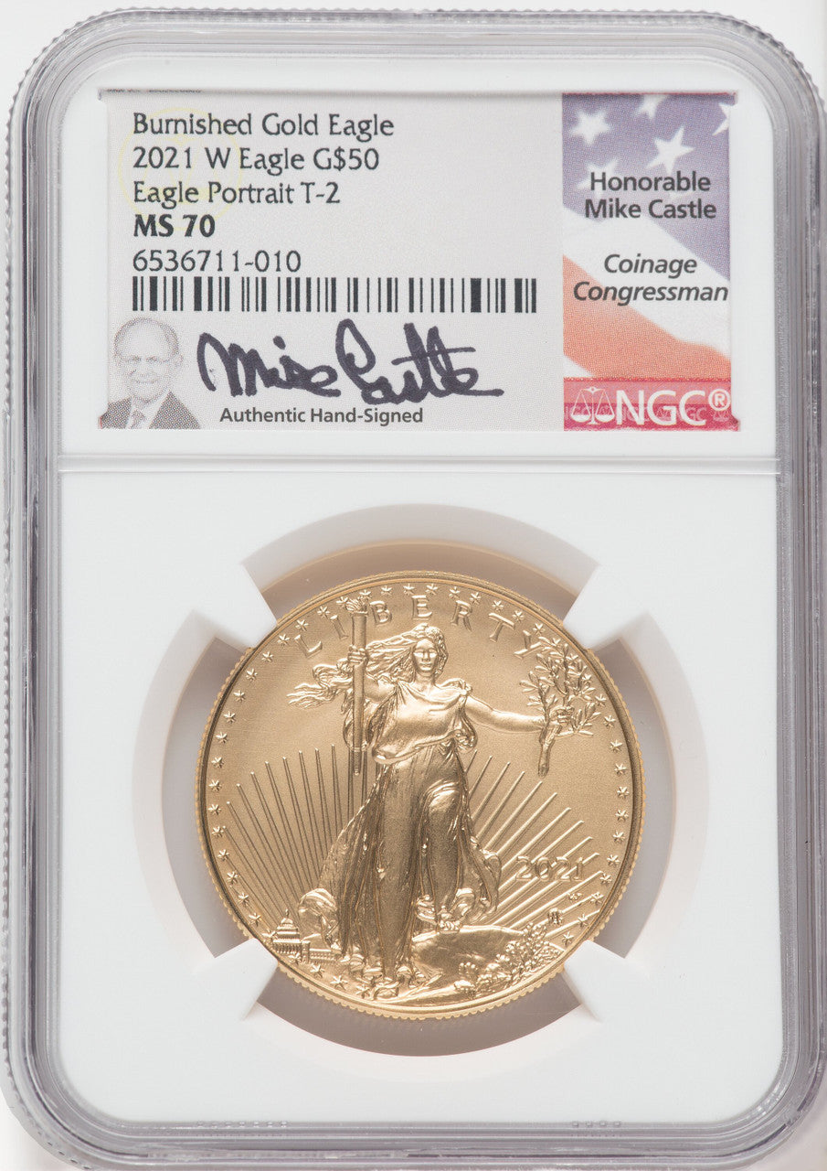 2021-W One-Ounce Gold Eagle T-2 Burnished NGC MS70 Mike Castle