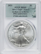 2021 American Silver Eagle Type 2 At Dusk & Dawn 35th Anniversary 274th PCGS MS69