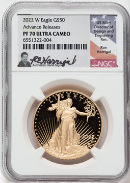 2022-W G$50 One Ounce Gold Eagle Advance Release NGC PF70 Harrigal