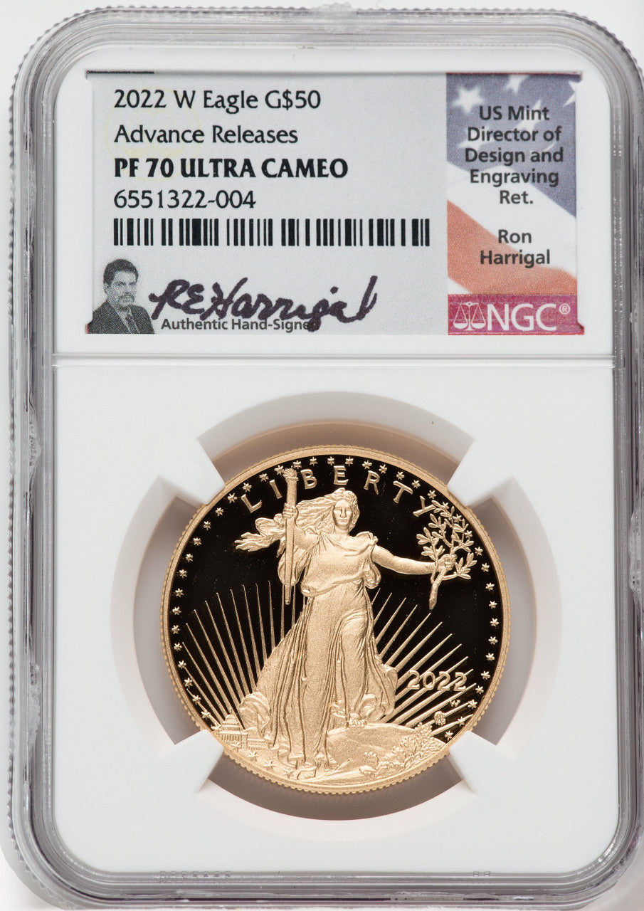 2022-W G$50 One Ounce Gold Eagle Advance Release NGC PF70 Harrigal