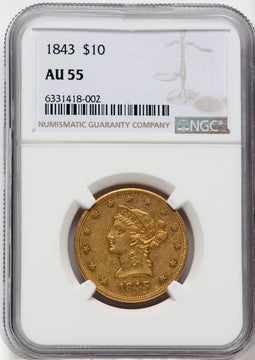 1843 $10 Liberty Eagle NGC AU55