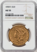 1858-S $20 Liberty Double Eagle NGC AU55