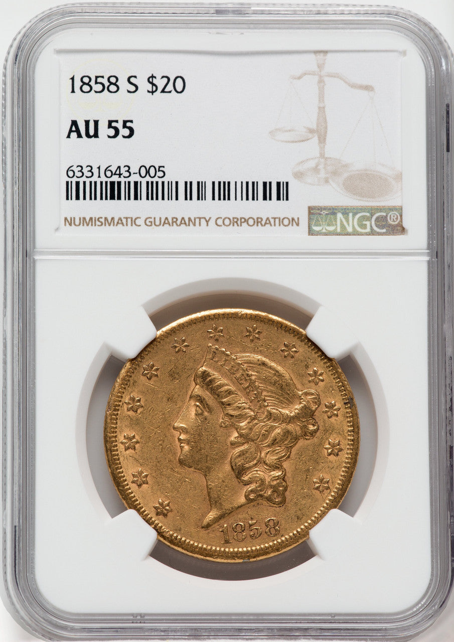 1858-S $20 Liberty Double Eagle NGC AU55