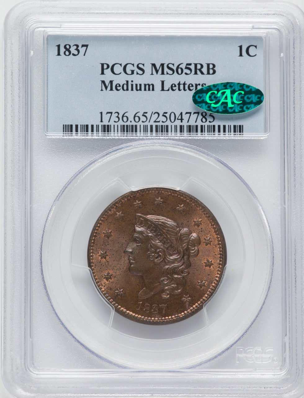 1837 Plain Cords Medium Letters RB CAC Large Cent PCGS MS65