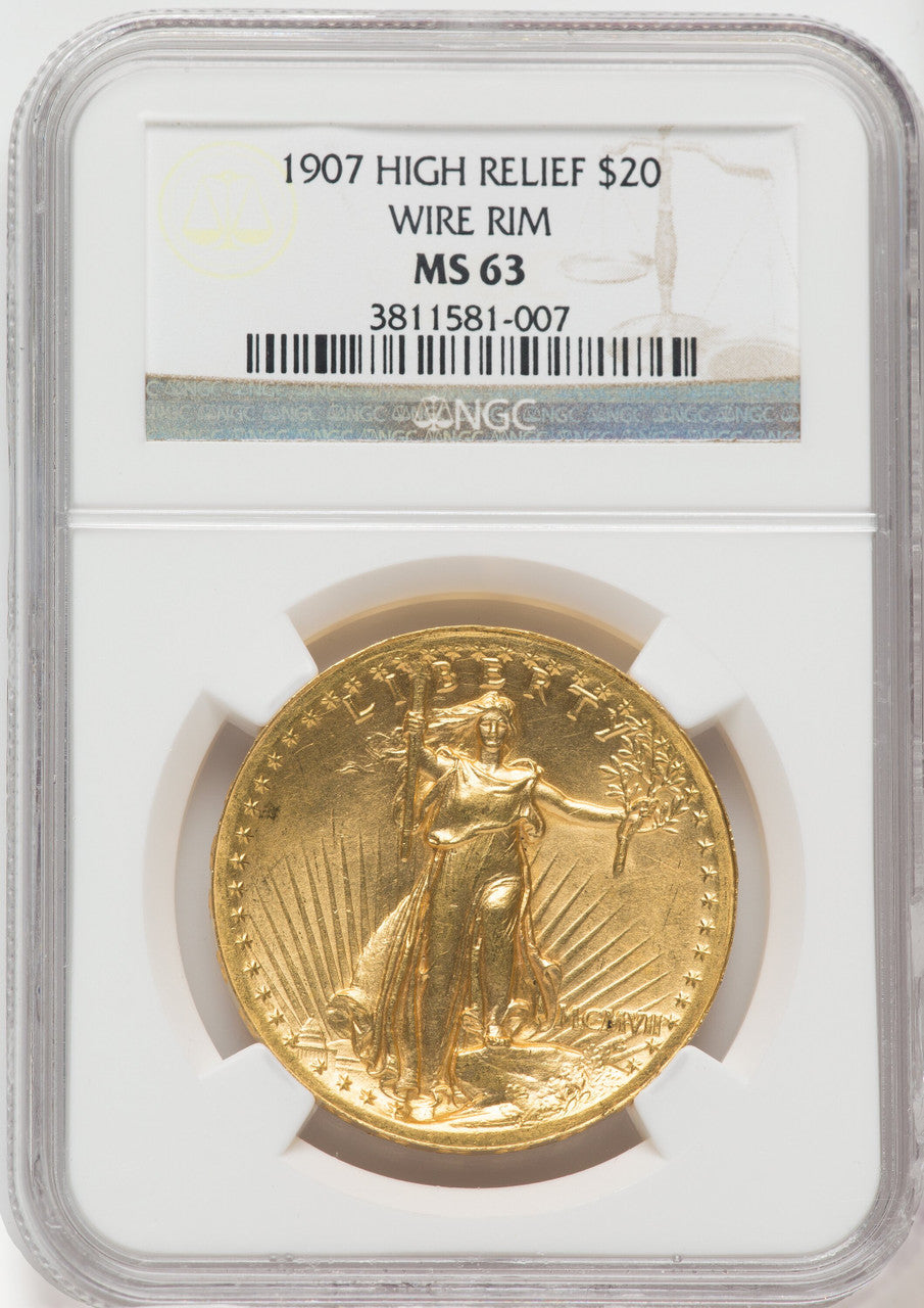 1907 $20 Wire Rim High Relief Double Eagle NGC MS63