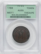 1789 Mott Token Thick Planchet Plain Edge BN Colonials PCGS AU55