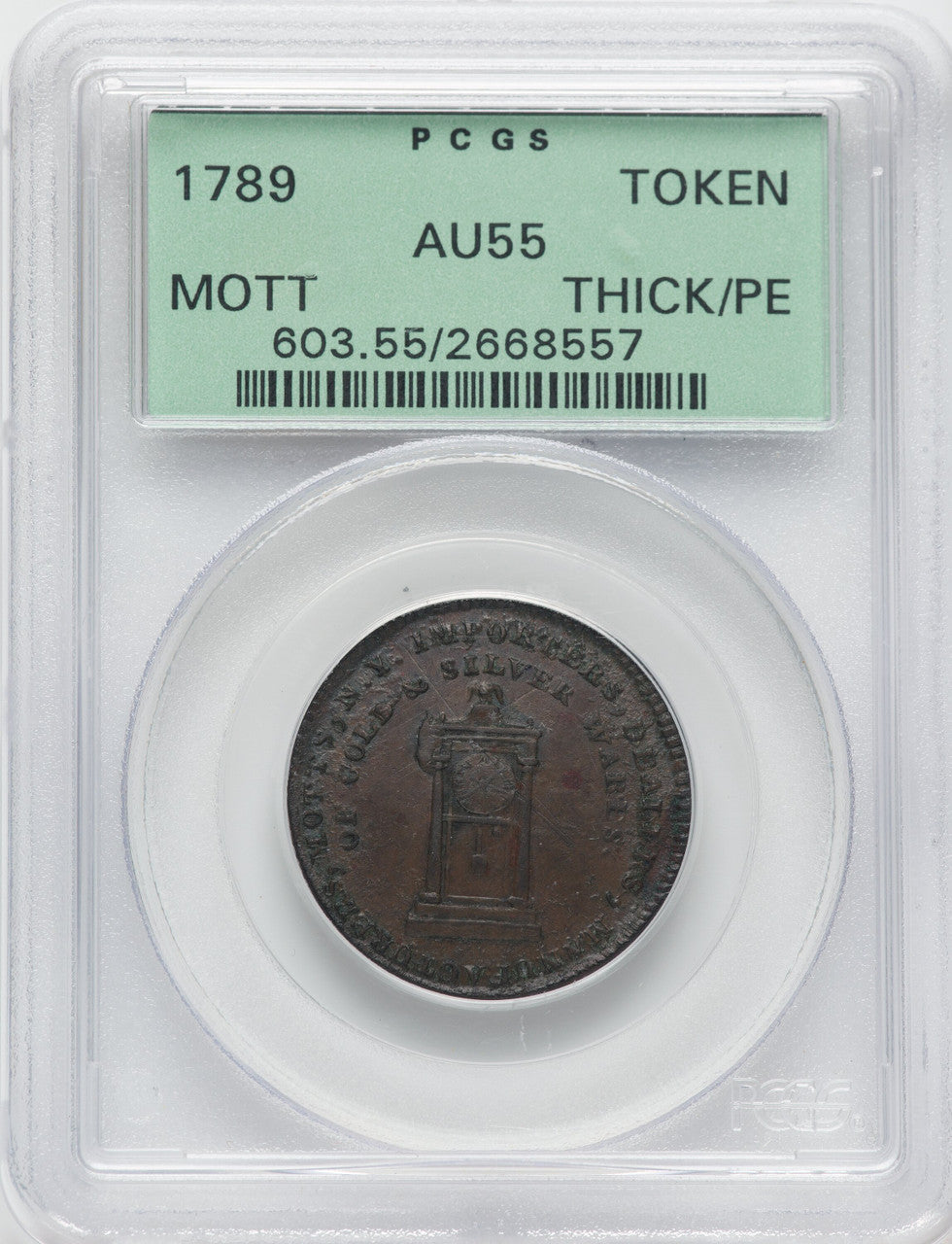 1789 Mott Token Thick Planchet Plain Edge BN Colonials PCGS AU55