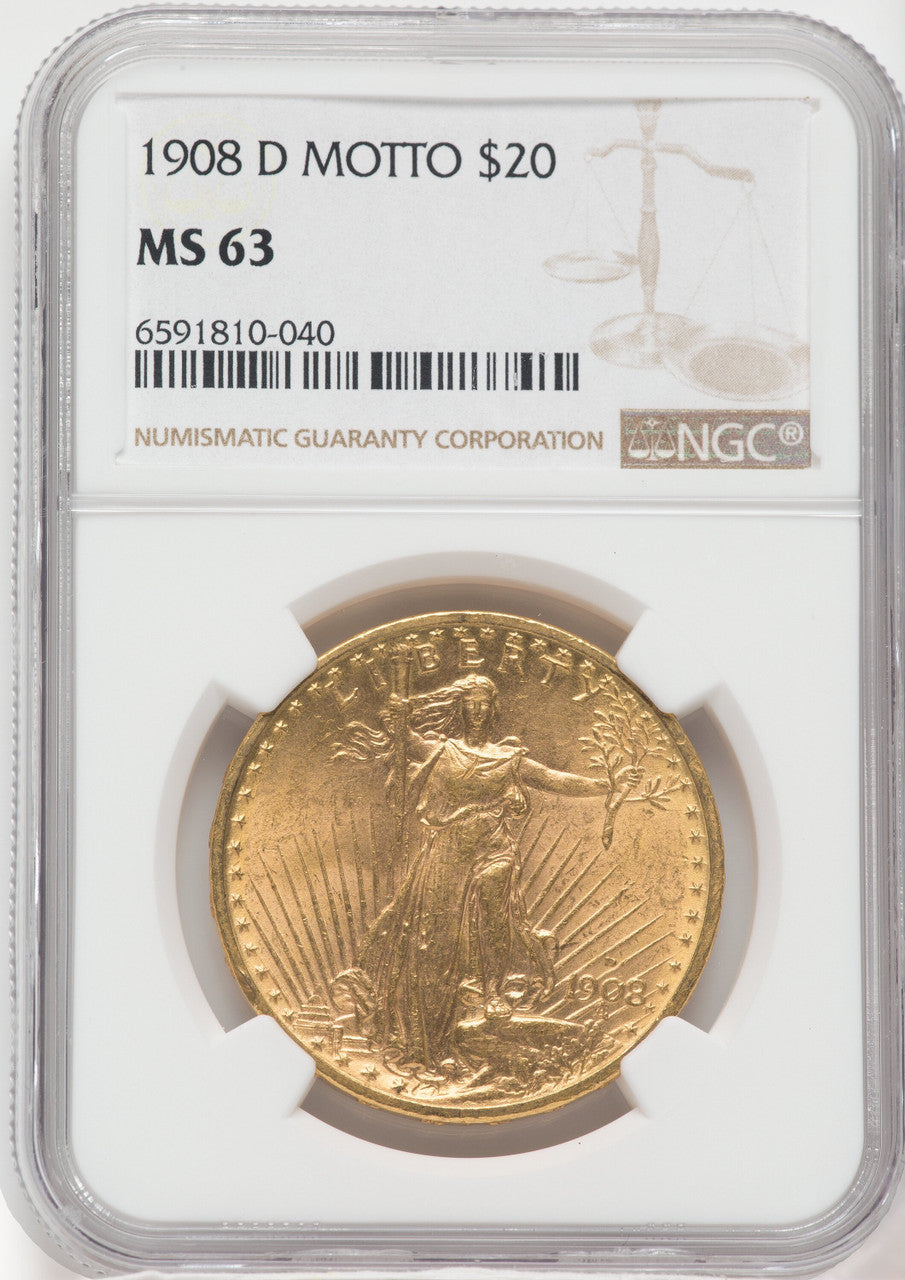 1908-D $20 MOTTO Saint-Gaudens Double Eagle NGC MS63