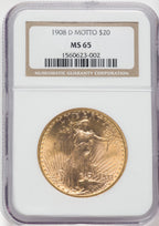 1908-D $20 MOTTO Saint-Gaudens Double Eagle NGC MS65