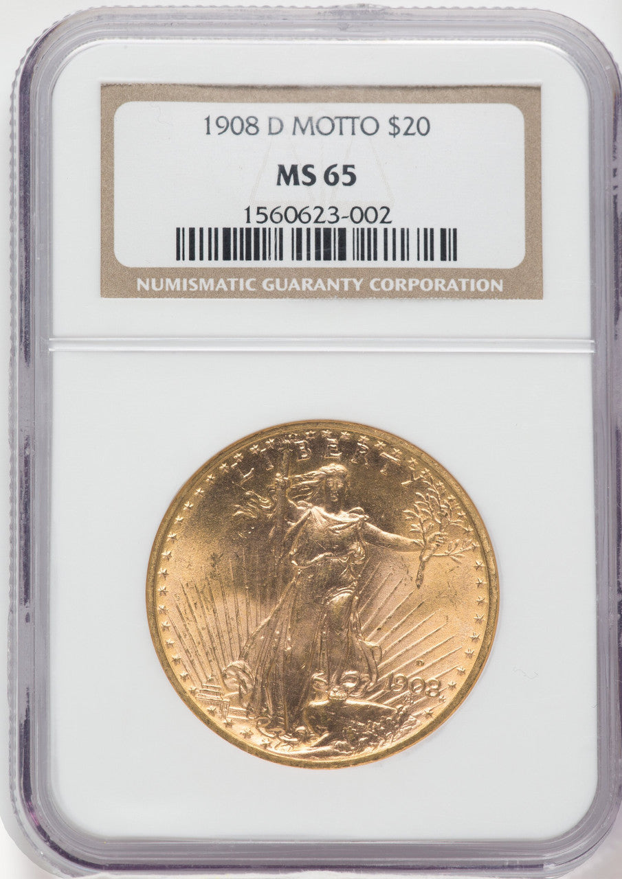 1908-D $20 MOTTO Saint-Gaudens Double Eagle NGC MS65