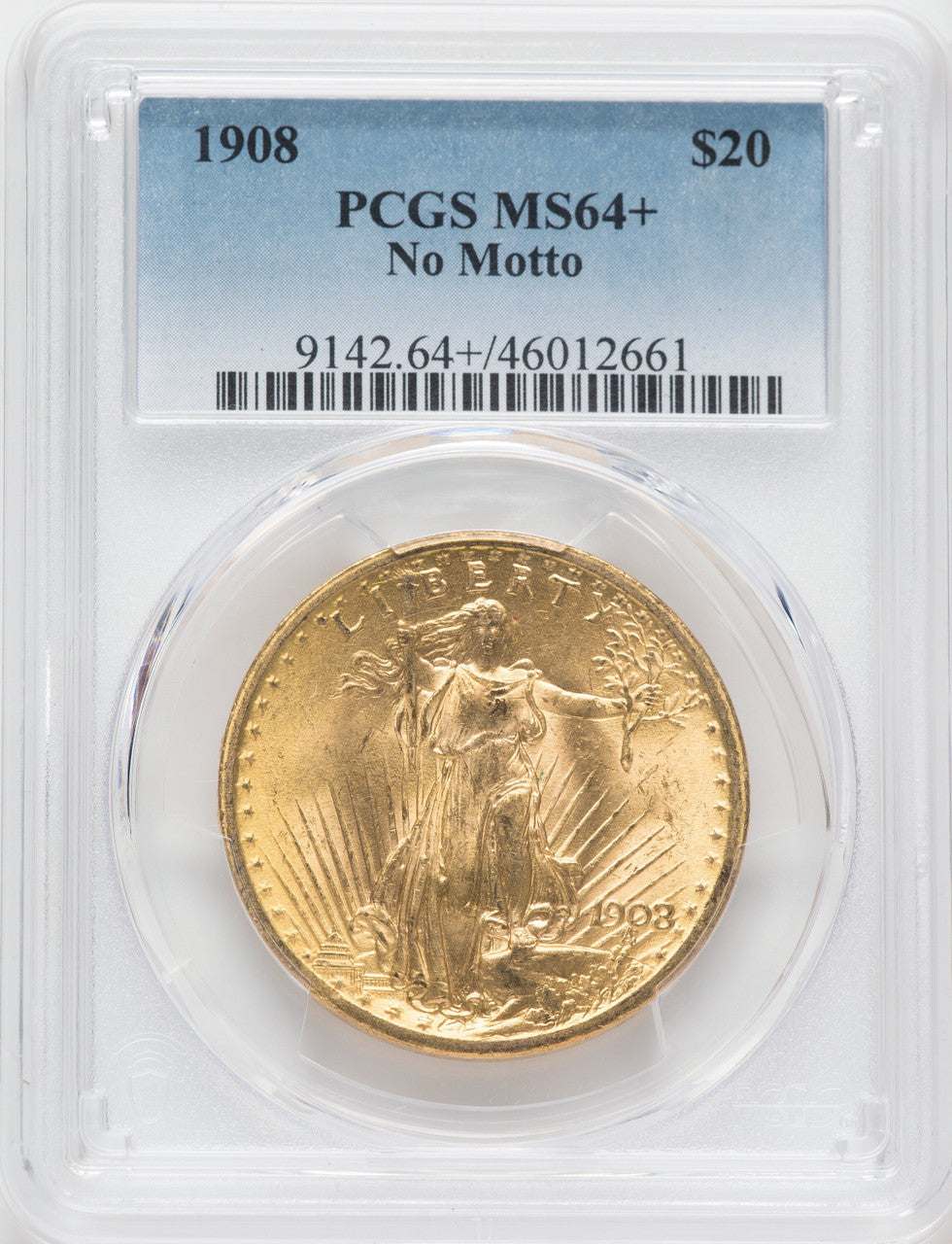 1908 $20 NO MOTTO Saint-Gaudens Double Eagle PCGS MS64+