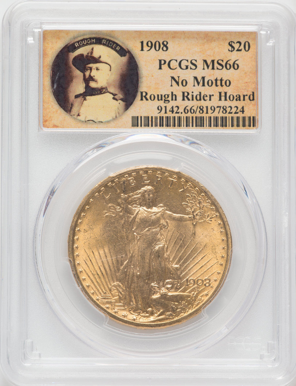 1908 $20 NO MOTTO Saint-Gaudens Double Eagle PCGS MS66