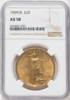 1909/8 $20 Saint-Gaudens Double Eagle NGC AU58