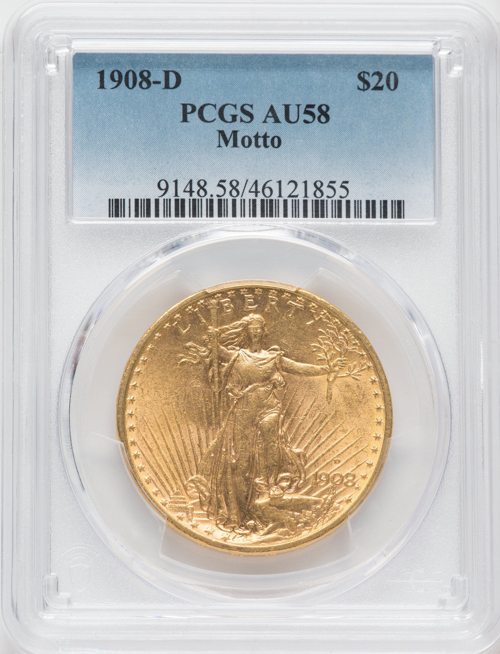 1908-D $20 MOTTO Saint-Gaudens Double Eagle PCGS AU58