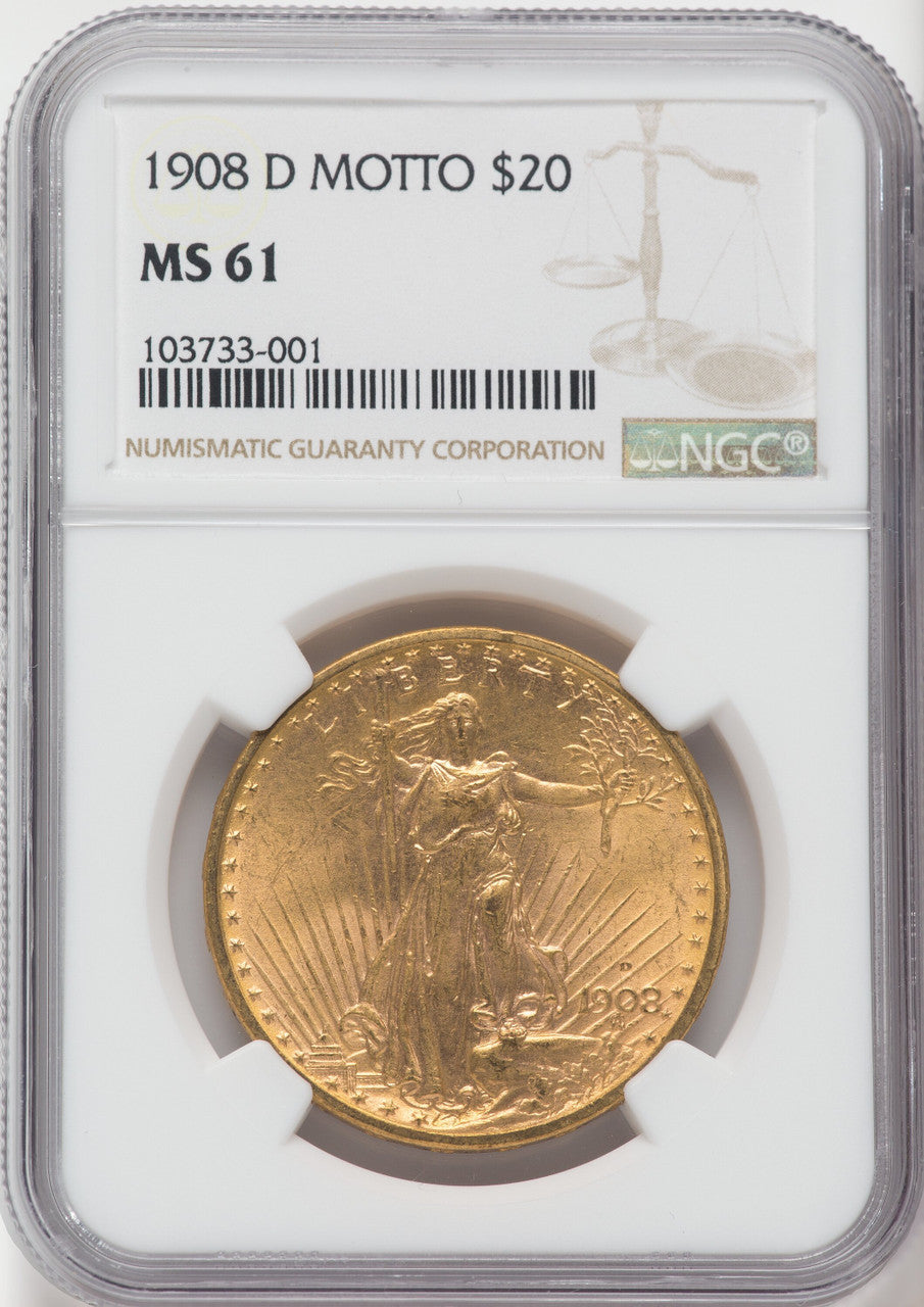 1908-D $20 MOTTO Saint-Gaudens Double Eagle NGC MS61