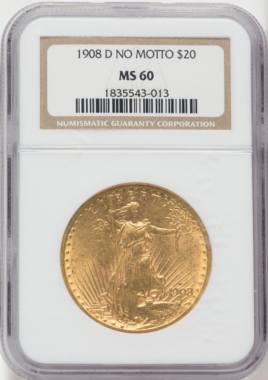 1908-D $20 NO MOTTO Saint-Gaudens Double Eagle NGC MS60