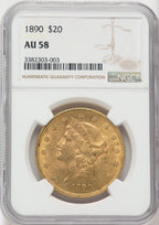 1890 $20 Liberty Double Eagle NGC AU58