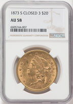 1873-S $20 Closed 3 Liberty Double Eagle NGC AU58