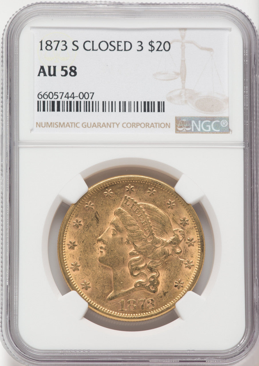 1873-S $20 Closed 3 Liberty Double Eagle NGC AU58