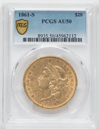 1861-S $20 Liberty Double Eagle PCGS AU50