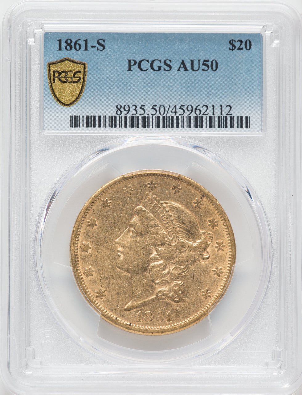 1861-S $20 Liberty Double Eagle PCGS AU50