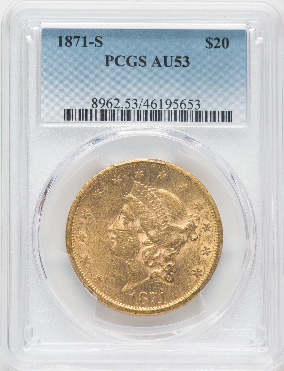 1871-S $20 Liberty Double Eagle PCGS AU53