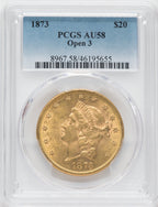 1873 $20 OPEN 3 Liberty Double Eagle PCGS AU58